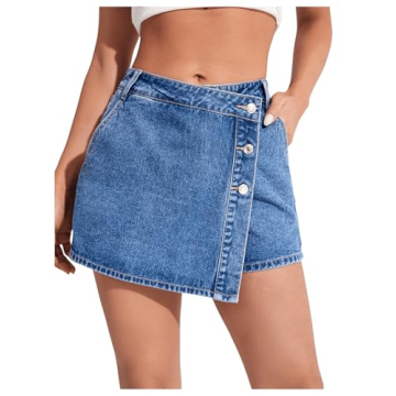 WDIRARA Women's High Waisted Button Front Denim Skort Asymmetrical Hem Wrap Jean Skirt Shorts Medium...
