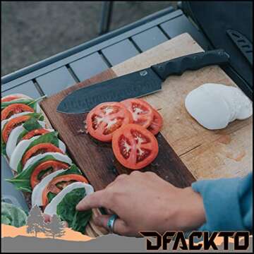 DFACKTO Interceptor 6.5 Inch Santoku Knife for Camping and Outdoor Kitchen, Stonewashed High Carbon Stainless Steel Black Knife, Full Tang Tactical G10 Handle, BBQ Utensil Cutlery