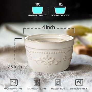 Artena Ramekins, Ramekins Oven Safe, Creme Brulee Ramekins, Embossed White Ceramic Ramiken, Souffle Pudding Custard Cups, Baking Dish, Dipping Bowls, Sauce Cups, Set Of 4 (Damask Floral, 8 oz)