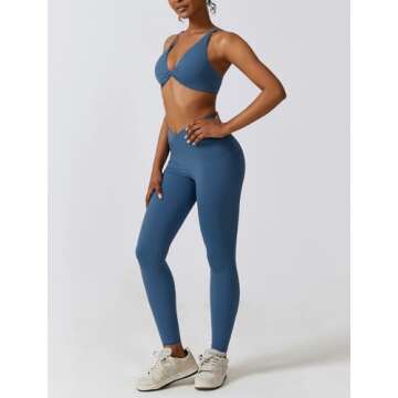 ABOCIW Workout Sets Crossover High Waist Leggings for Women with Pocket V Neck Twist Front Sports Bras for Women 2 Piece Yoga Gym Sets Crossover Blue Small
