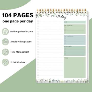 To Do List Notepad - Daily Planner Notepad 104 Pages Task Planner, 6.7" x 9.8" Double Sided Spiral Notebook with Checklist Productivity Planning Pad for Work Office Home-Green