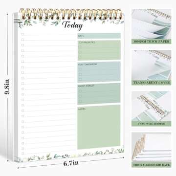 To Do List Notepad - Daily Planner Notepad 104 Pages Task Planner, 6.7" x 9.8" Double Sided Spiral Notebook with Checklist Productivity Planning Pad for Work Office Home-Green
