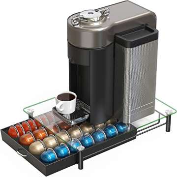 DecoBrothers Crystal Tempered Glass Vertuo Pod Holder Drawer, 28 Large or 56 Small Nespresso Capsule Organizer, Black