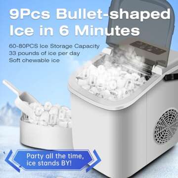 MYETASSER Countertop Ice Maker - Fast, Portable, Self-Cleaning Ice Machine with Ice Scoop and Basket