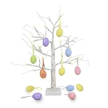 Easter Decorations kemooie 24 Inch Pre-lit White Birch Tree with 10 Hanging Easter Egg Ornaments, 24 Led Lights Battery Operated Easter Table Centerpiece for Party Birthday Home Spring Decoration