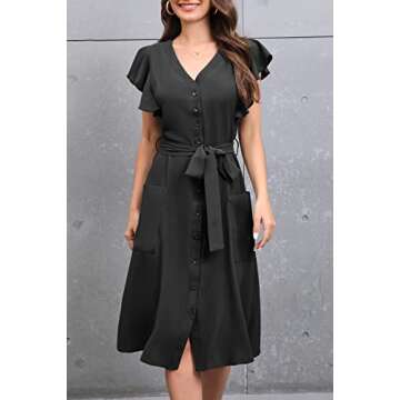MITILLY Women’s Boho Flutter Short Sleeve V Neck Button Down A-Line Swing Casual Midi Dress with P...