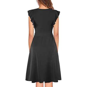 MITILLY Women’s Boho Flutter Short Sleeve V Neck Button Down A-Line Swing Casual Midi Dress with Pockets Large Black