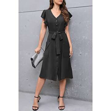 MITILLY Women’s Boho Flutter Short Sleeve V Neck Button Down A-Line Swing Casual Midi Dress with Pockets Large Black