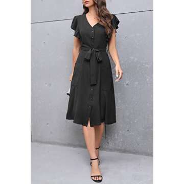 MITILLY Women’s Boho Flutter Short Sleeve V Neck Button Down A-Line Swing Casual Midi Dress with Pockets Large Black
