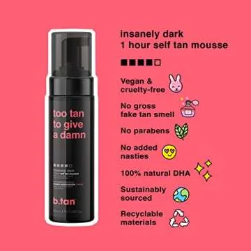 b.tan Ultra Dark Self Tanner Mousse | Too Tan - Best, 1 Hour Express Sunless Tanning Foam, Gold Bronzing Glow, No Fake Tan Smell, Face & Body, Vegan, Cruelty & Paraben Free, 6.7 Fl Oz