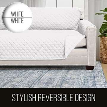 Sofa Shield Couch Slip Cover with Patented Strap, Large Cushion Protector, Reversible Stain and Dog Tear Resistant Slipcover, Quilted Microfiber 78” Seat, Washable Covers for Dogs Pets Kids, White