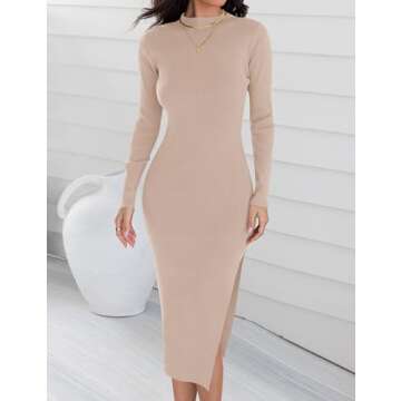 ZESICA Women's 2025 Ribbed Knit Dress Long Sleeve Mock Neck Slim Fit Side Slit Spring Elegant Sweate...
