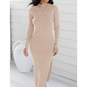 ZESICA Women's 2025 Ribbed Knit Dress Long Sleeve Mock Neck Slim Fit Side Slit Spring Elegant Sweater Dresses,Apricot,Medium