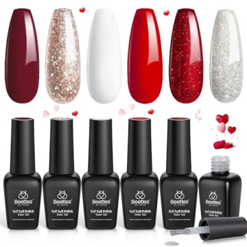 Beetles Red Gel Nail Polish, 6Pcs Candy Cane Gel Polish Glitter Burgundy Red Sparkle Gel Nail Kit Wh...