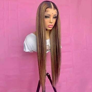 QUINLUX WIGS Honey Blonde Ombre Highlight color Straight Human Hair Wigs 180 Density#4T27 Wigs 13X6 ...