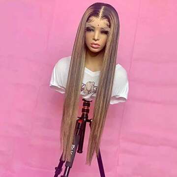 QUINLUX WIGS Honey Blonde Ombre Highlight color Straight Human Hair Wigs 180 Density#4T27 Wigs 13X6 HD Transparent Lace Front Wig Glueless Wig Brazilian Remy Human Hair With Baby Hair For Black Women