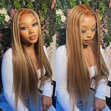QUINLUX WIGS Honey Blonde Ombre Highlight color Straight Human Hair Wigs 180 Density#4T27 Wigs 13X6 HD Transparent Lace Front Wig Glueless Wig Brazilian Remy Human Hair With Baby Hair For Black Women