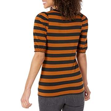 Amazon Essentials Women's Classic-Fit Puff Short-Sleeve Crewneck T-Shirt, Black Brown Placed Stripe,...