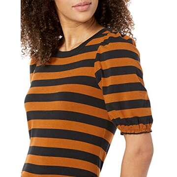 Amazon Essentials Women's Classic-Fit Puff Short-Sleeve Crewneck T-Shirt, Black Brown Placed Stripe, Small