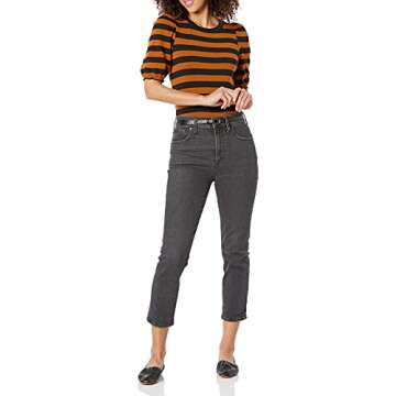 Amazon Essentials Women's Classic-Fit Puff Short-Sleeve Crewneck T-Shirt, Black Brown Placed Stripe, Small