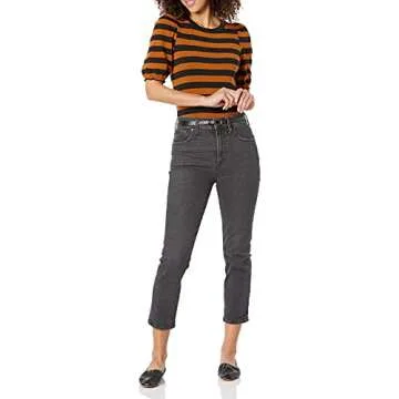 Amazon Essentials Women's Classic-Fit Puff Short-Sleeve Crewneck T-Shirt, Black Brown Placed Stripe, Small