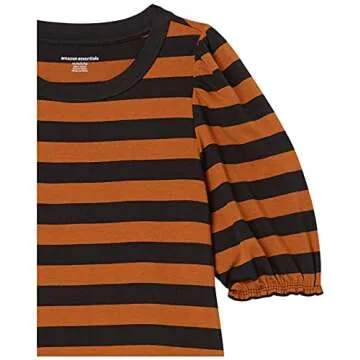Amazon Essentials Women's Classic-Fit Puff Short-Sleeve Crewneck T-Shirt, Black Brown Placed Stripe, Small