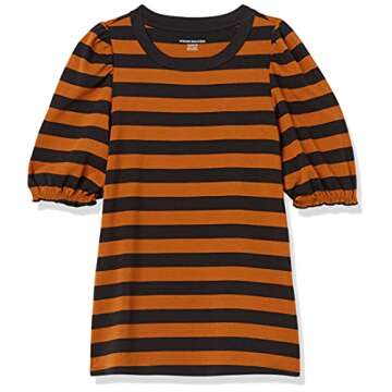 Amazon Essentials Women's Classic-Fit Puff Short-Sleeve Crewneck T-Shirt, Black Brown Placed Stripe, Small