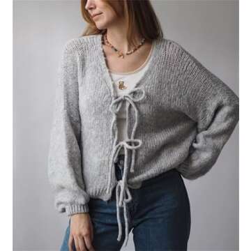 Women Tie Front Oversized Knitted Cardigan Y2k Girls Knitwear Sweater Top Lantern Sleeve Open Front ...