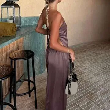 Fepege Women Satin Tube Top Pants Set 2 Piece Backless Lace Up Tube Top Wide Leg Maxi Pants Y2k Clubwear Party Sets (Purple, S)