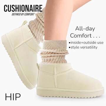 CUSHIONAIRE Women's Hip 2 Genuine Suede Ankle Snow Boots - Pull-On with Cozy Faux Shearling Lining, +Memory Foam, Winter Shoes Women, Off-white 8.5