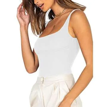 Women’s Sexy Fashion Square Neck Sleeveless Underbust Detailing Ribbed Knit One Piece Slimming Tank Thong Bodysuits Tops Leotards for Going Out White Large