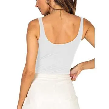 Women’s Sexy Fashion Square Neck Sleeveless Underbust Detailing Ribbed Knit One Piece Slimming Tank Thong Bodysuits Tops Leotards for Going Out White Large