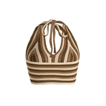 Verdusa Women's Striped Colorblock Tie Backless V Neck Knitted Crop Halter Top Khaki M