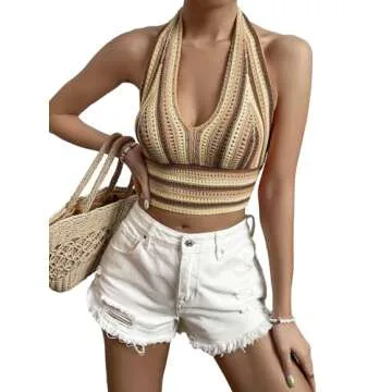 Striped Knitted Crop Halter Top for Women