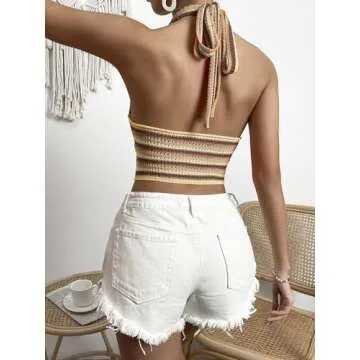 Striped Knitted Crop Halter Top for Women