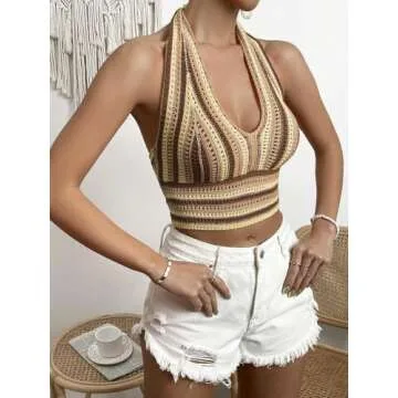 Striped Knitted Crop Halter Top for Women