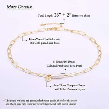Aobei Pearl Chunky 18k Gold Chain Choker Necklace Freshwater Biwa Pearl Pendant CZ Starburst Charm Statement Jewelry for Women 16’’