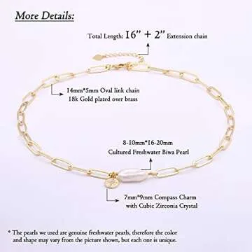 Aobei Pearl Chunky 18k Gold Chain Choker Necklace Freshwater Biwa Pearl Pendant CZ Starburst Charm Statement Jewelry for Women 16’’