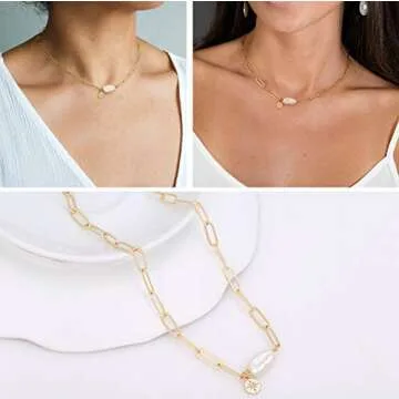 Aobei Pearl Chunky 18k Gold Chain Choker Necklace Freshwater Biwa Pearl Pendant CZ Starburst Charm Statement Jewelry for Women 16’’