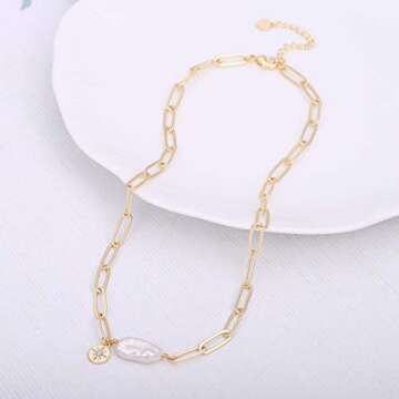 Aobei Pearl Chunky 18k Gold Chain Choker Necklace Freshwater Biwa Pearl Pendant CZ Starburst Charm Statement Jewelry for Women 16’’