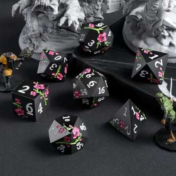Flower Metal Dice Set for D&D, 7 PCS with Stunning Gift Case for Tabletop RPG (Matte Black and Pink ...