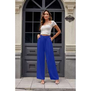 KICZOY Women's Wide Leg High Waist Pants Loose Fit Back Elastic Waist Pleated Front Trousers for Work Casual Dark Blue
