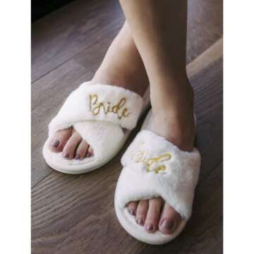 Bride Slippers - Bride Gifts for Bridal Shower, Bachelorette Party, Engagement Party, Wedding Day, etc. - Cozy White Fur Slippers with Gold Embroidery for Bride to Be (Medium)