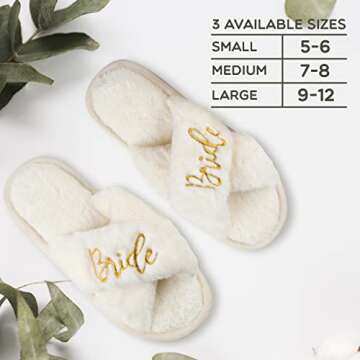 Bride Slippers - Bride Gifts for Bridal Shower, Bachelorette Party, Engagement Party, Wedding Day, etc. - Cozy White Fur Slippers with Gold Embroidery for Bride to Be (Medium)