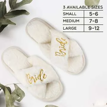 Bride Slippers - Bride Gifts for Bridal Shower, Bachelorette Party, Engagement Party, Wedding Day, etc. - Cozy White Fur Slippers with Gold Embroidery for Bride to Be (Medium)