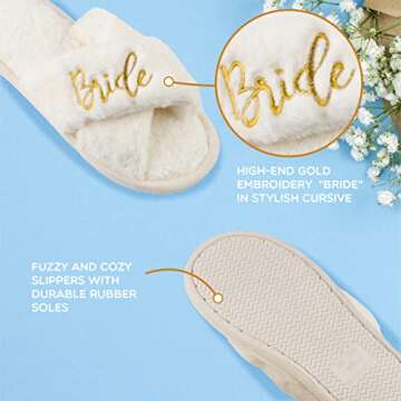Bride Slippers - Bride Gifts for Bridal Shower, Bachelorette Party, Engagement Party, Wedding Day, etc. - Cozy White Fur Slippers with Gold Embroidery for Bride to Be (Medium)
