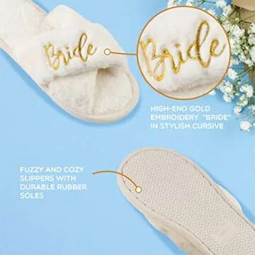 Bride Slippers - Bride Gifts for Bridal Shower, Bachelorette Party, Engagement Party, Wedding Day, etc. - Cozy White Fur Slippers with Gold Embroidery for Bride to Be (Medium)