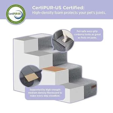 Lesure Dog Stairs for Small Dogs and Cats Foldable Pet Steps for High Beds and Couch with CertiPUR-US Certified Foam and Non-Slip Bottom, Grey, 4 Steps