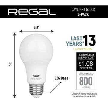 Regal LED A19 Light Bulb 5000K Daylight 800-Lumen, 9-Watt (60-Watt Equivalent), E26 Base, 5000 Kelvi...