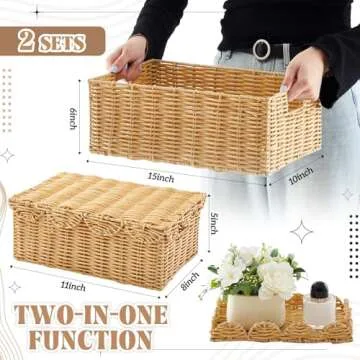 Sintuff 2 Pieces Hand Woven Rattan Basket with Lid Scalloped Storage Basket 2 Sizes Multipurpose Wic...